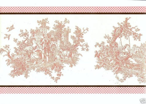 30 Foot Pink Colonial Toile & Gingham Edge Border - all4wallswall-paper