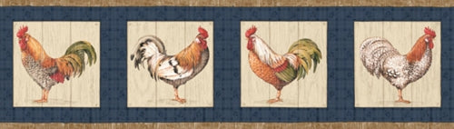 Framed Roosters on Blue with Brown Edge Wallpaper Border - all4wallswall-paper