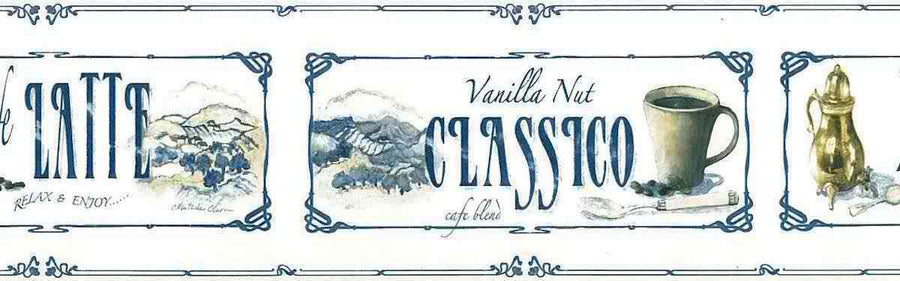 Blue Framed Coffee Types Prepasted Wallpaper Border