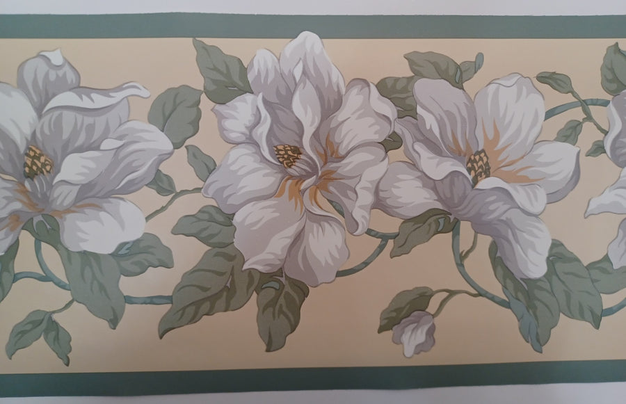 Magnolia on Soft Yellow Background with Lt Green Edge Wallpaper Border