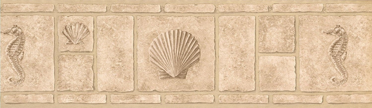 Faux Bricks with Seahorse Seashell Beige Retro Design Wallpaper Border - all4wallswall-paper