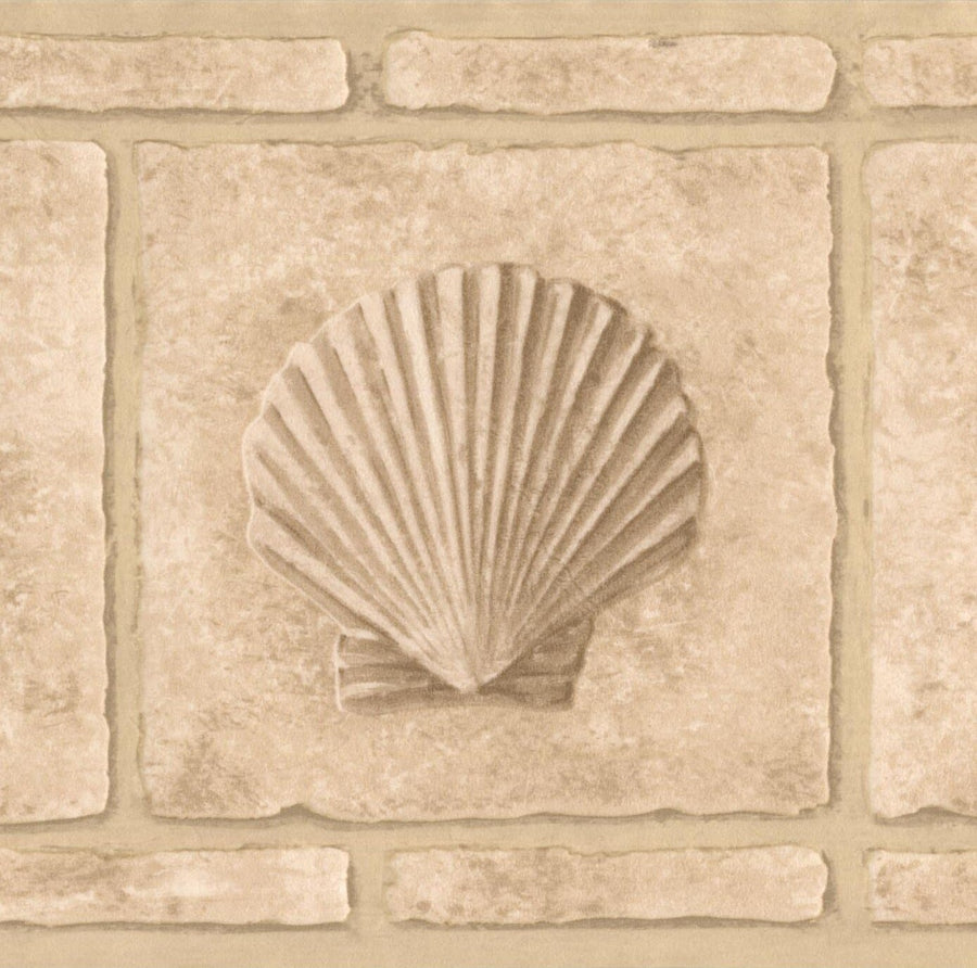 Faux Bricks with Seahorse Seashell Beige Retro Design Wallpaper Border - all4wallswall-paper