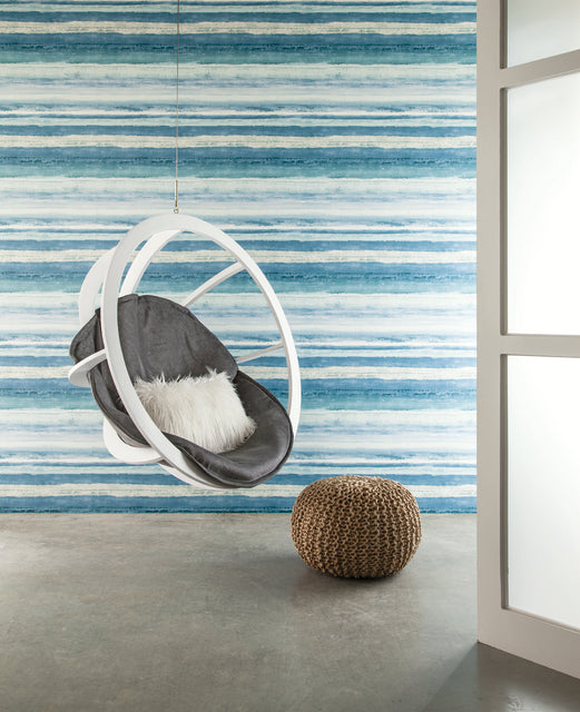 Aqua Watercolor Wave Stripes on Sure Strip Wallpaper