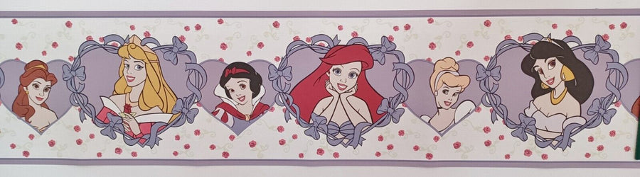 Disney Princess / Princesses on Purple Hearts and Ribbons Wallpaper Border