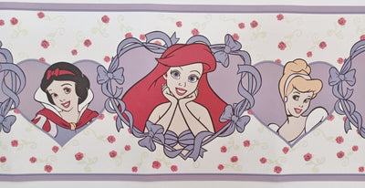 Disney Princess / Princesses on Purple Hearts and Ribbons Wallpaper Border