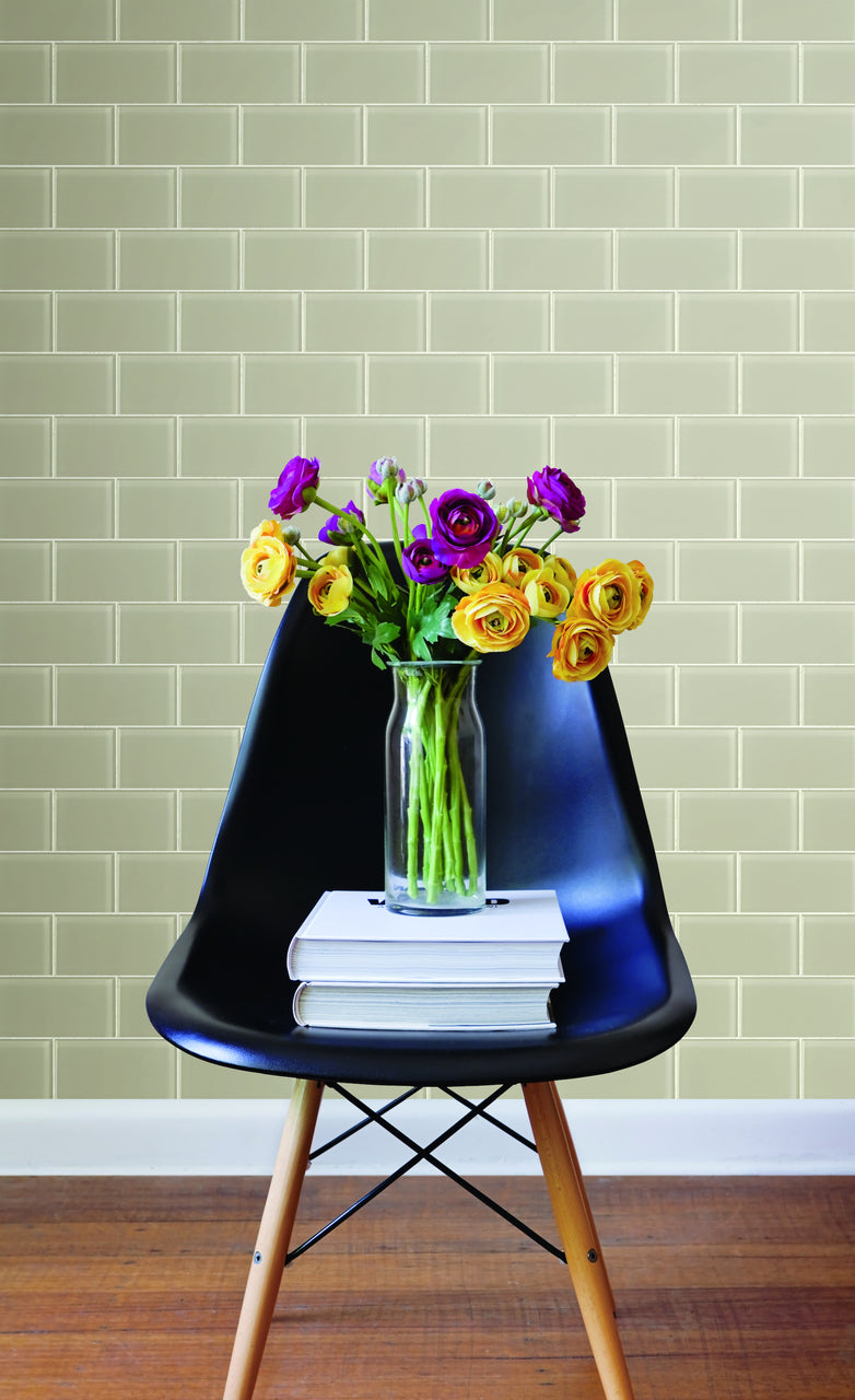 Subway Tile in Pale Taupe Pearl with Cream Grout on Sure Strip Wallpaper - all4wallswall-paper