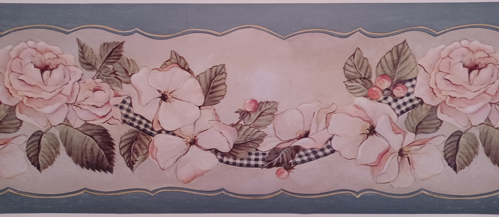 Pink Rose with Black & White Check Ribbon Floral Border