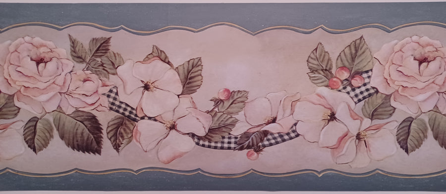 Pink Rose with Black & White Check Ribbon Floral Border