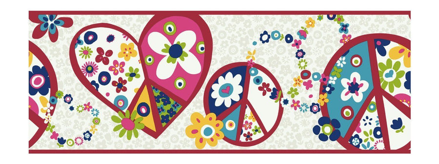 Retro Love & Peace Signs in Red and Pink York Wallpaper Border - all4wallswall-paper