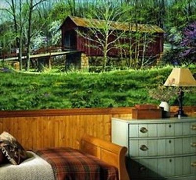 Country Covered Bridge Chair Rail Wall Mural 10.5' x 6' - all4wallswall-paper