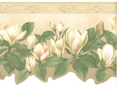 White Flowers on the Vine Beige Floral Wallpaper Border - all4wallswall-paper