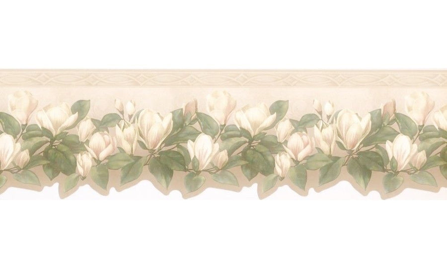 White Flowers on the Vine Beige Floral Wallpaper Border - all4wallswall-paper