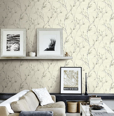 Golden Beige Leaves On Black Branches On Cream Unpasted Wallpaper