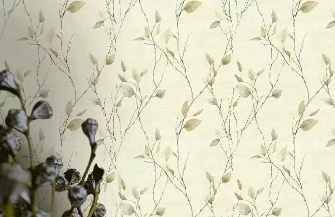 Golden Beige Leaves On Black Branches On Cream Unpasted Wallpaper