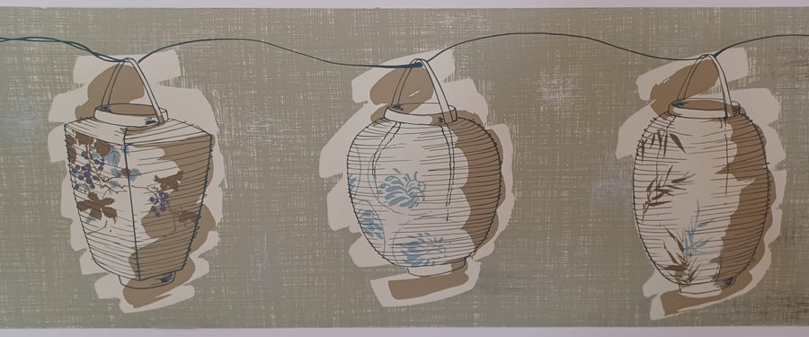 Oriental Lanterns on Green and Silver Strie Background Wallpaper Border