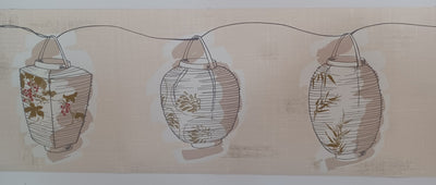 Oriental Lanterns on Beige and Gold Strie Background Wallpaper Border