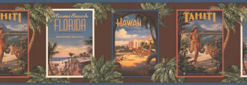 Tropical Vintage Posters on Chocolate Brown with Blue Grey Edge Border