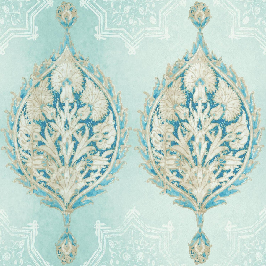 Henna Palm Ogee in Carolina Blue and Ice Blue Jewel on Sure Strip Wallpaper
