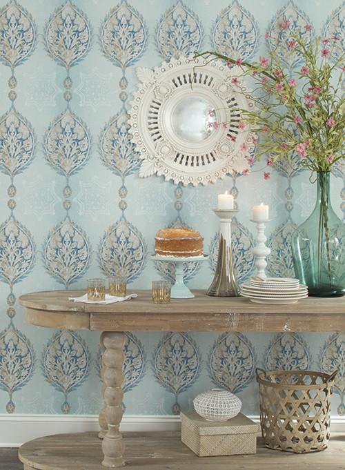 Henna Palm Ogee in Carolina Blue and Ice Blue on Sure Strip Wallpaper - all4wallswall-paper