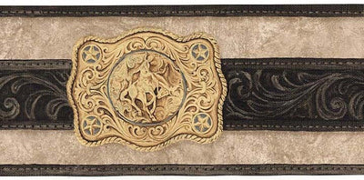 Country Western Gold Buckle on Black Belt on Taupe Wallpaper Border
