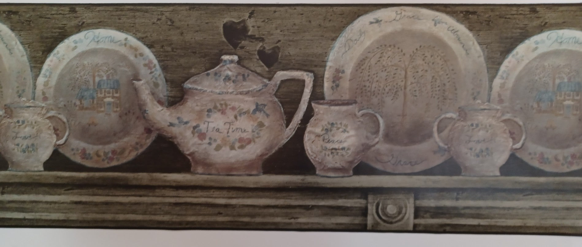 Dishes / Plates on Grey Shelf with Weeping Willow Wallpaper Border