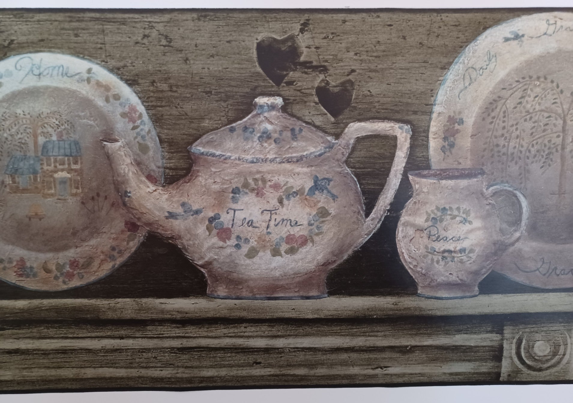 Dishes / Plates on Grey Shelf with Weeping Willow Wallpaper Border