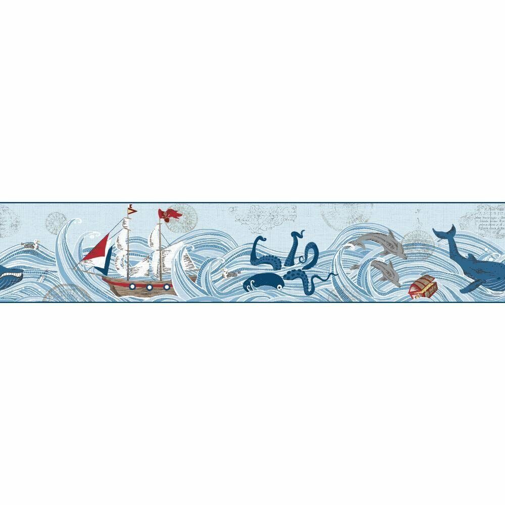 Waverly Kids Ships Ahoy Blue Ocean Pirates on Sure Strip Wallpaper Border - all4wallswall-paper