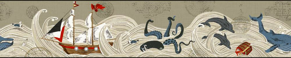 Waverly Kids Ships Ahoy Taupe Ocean Pirates on Sure Strip Wallpaper Border - all4wallswall-paper