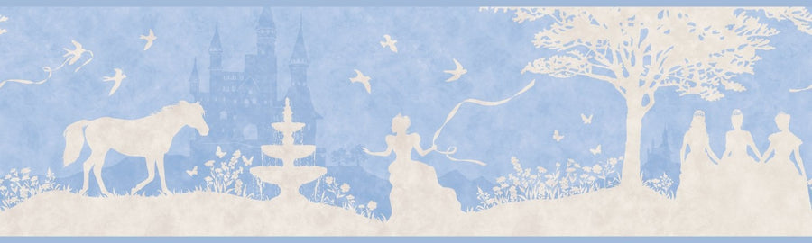 Blue & White Disney Princess Silhouette Toile Wallpaper Border - all4wallswall-paper